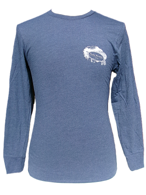 The Long Sleeve Shirt - RMNP Map is a blue crew-neck shirt featuring a small white map graphic and text on the left chest.