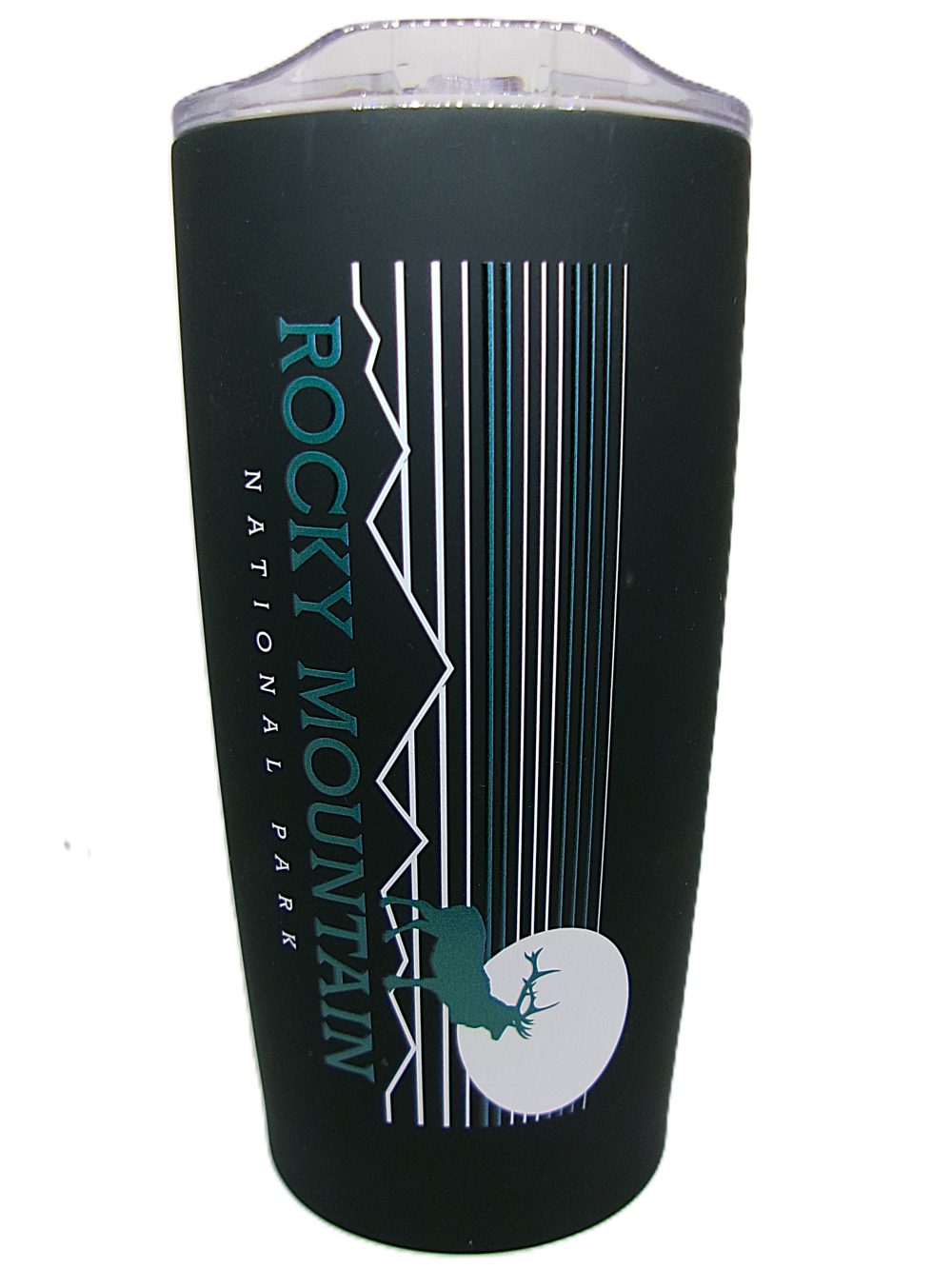 Insulated Tumbler - RMNP Elk Lines: Black tumbler features "Rocky Mountain National Park" text, a mountain silhouette, vertical lines, and an elk in front of a white circle.
