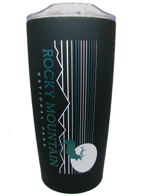 Insulated Tumbler - RMNP Elk Lines: Black tumbler features "Rocky Mountain National Park" text, a mountain silhouette, vertical lines, and an elk in front of a white circle.