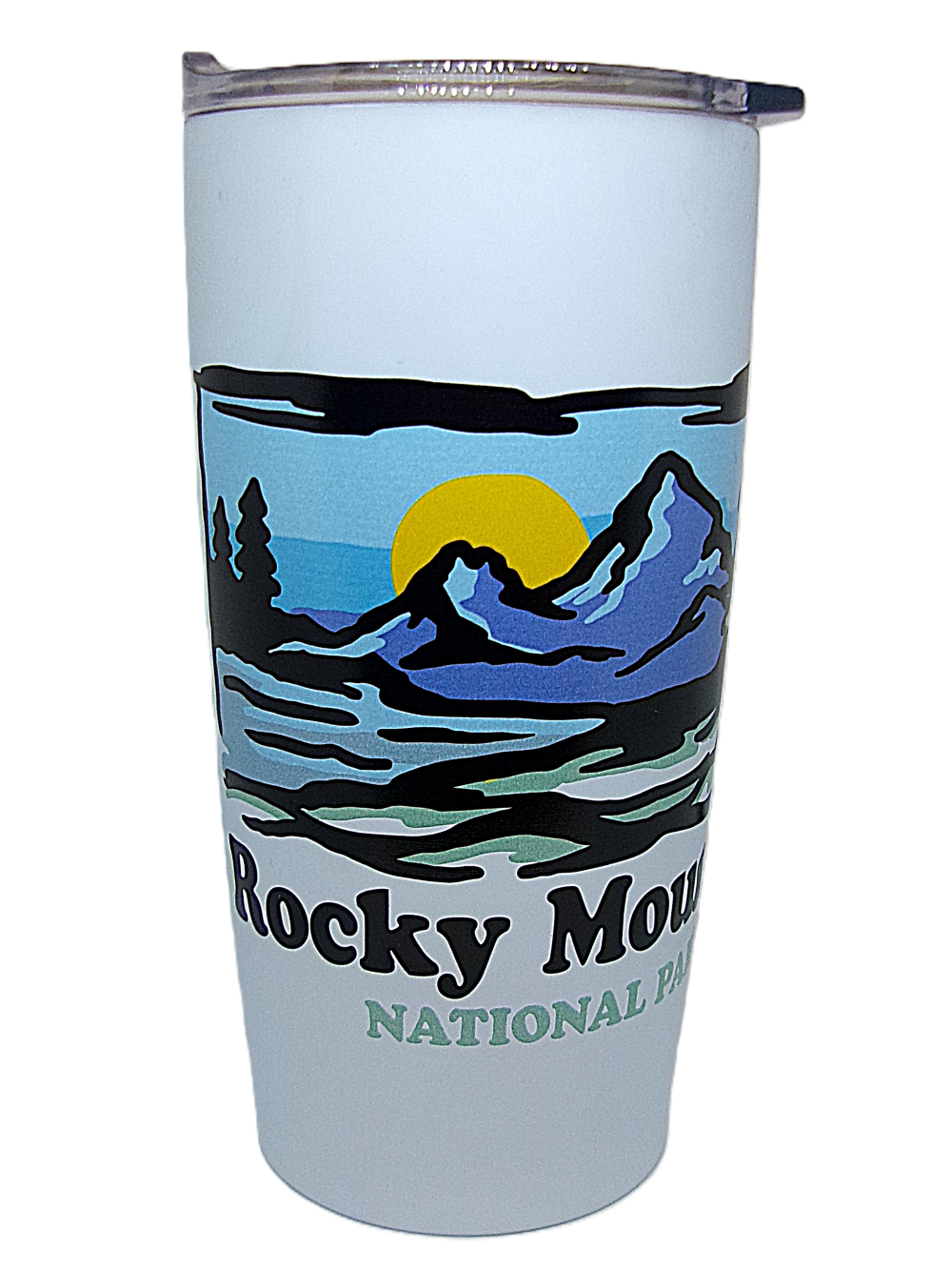 mtn crew tumbler An insulated tumbler featuring a watercolor graphic of mountains, trees, and sun, labeled "Insulated Tumbler - Watercolor Mountains.