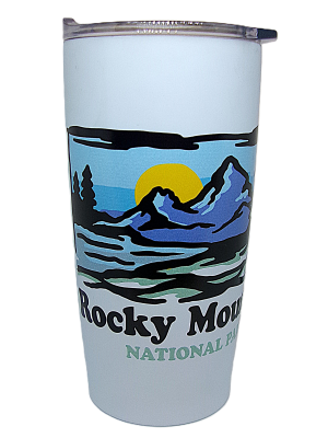 An insulated tumbler featuring a watercolor graphic of mountains, trees, and sun, labeled "Insulated Tumbler - Watercolor Mountains.