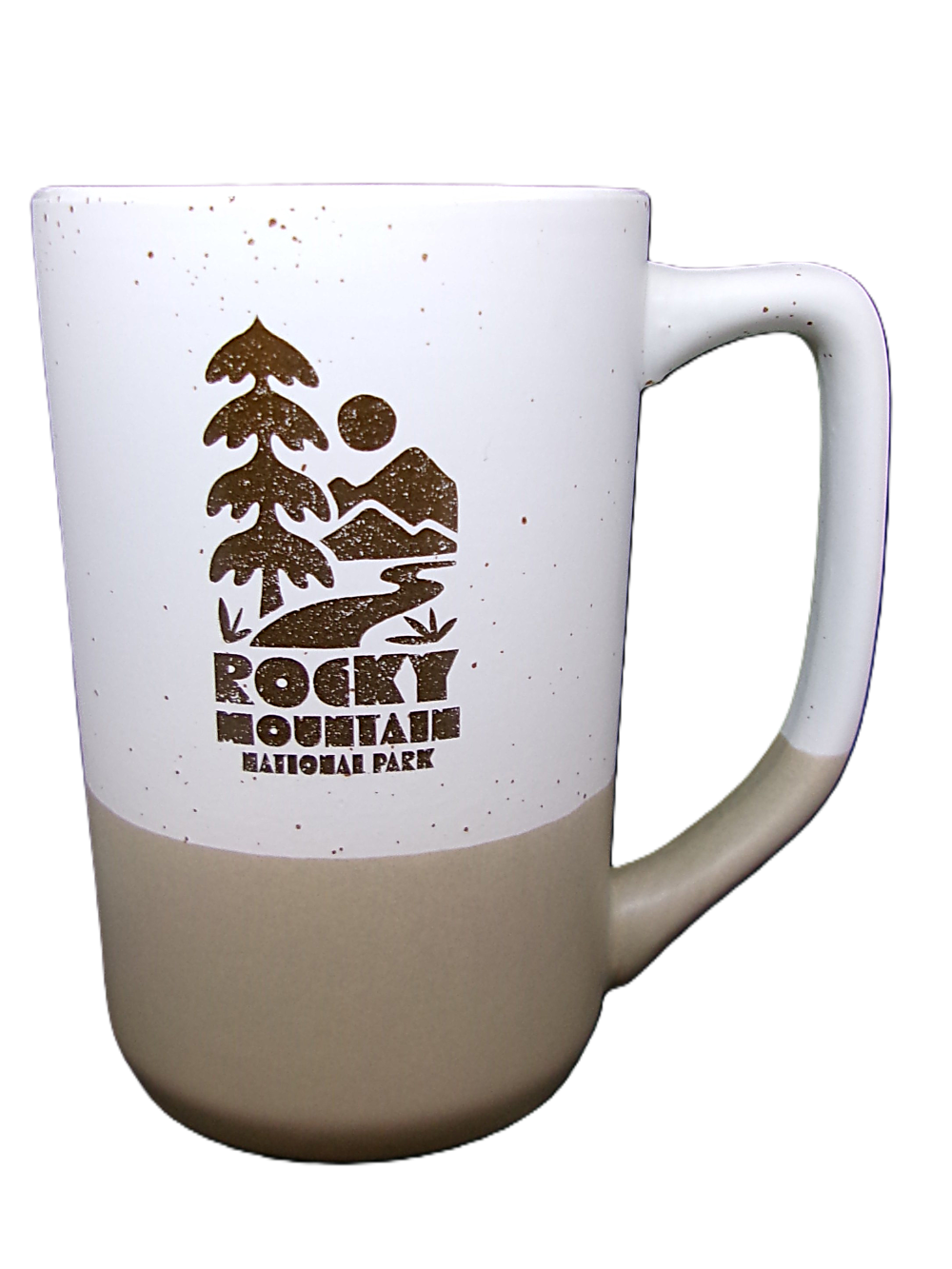 speckled retro mug The Mug - RMNP Speckled Retro is a ceramic two-tone mug featuring a tree, mountains, and sun graphic above the text "Rocky Mountain National Park.