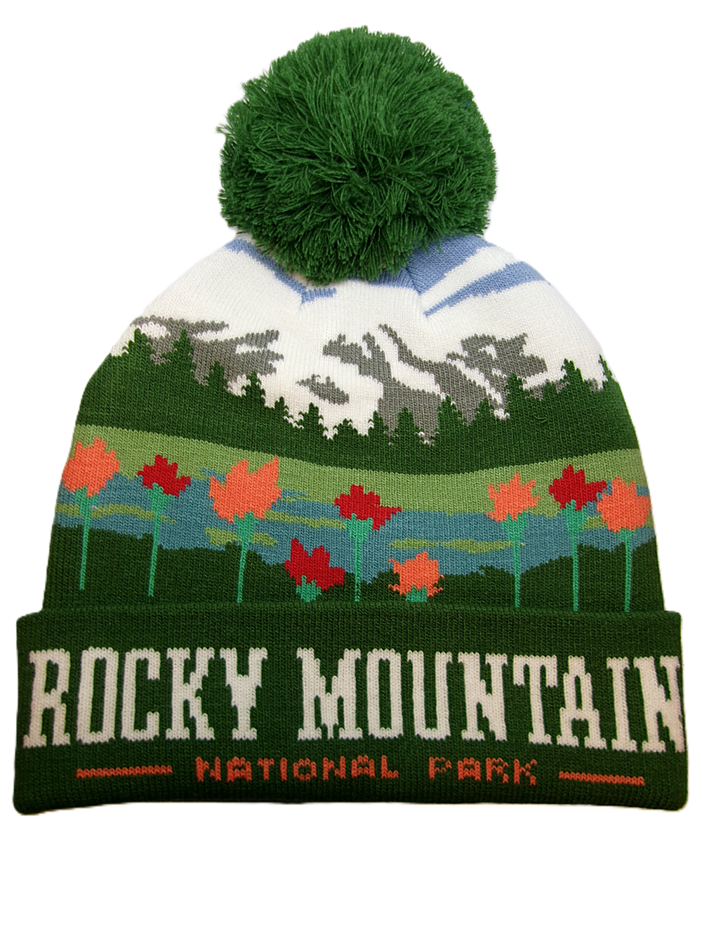 wildflower mtns beanie The Hat - Wildflower Mountains Beanie is a green, white, and multicolored beanie with a pom-pom, mountain and tree patterns, and "ROCKY MOUNTAIN NATIONAL PARK" text on the brim.