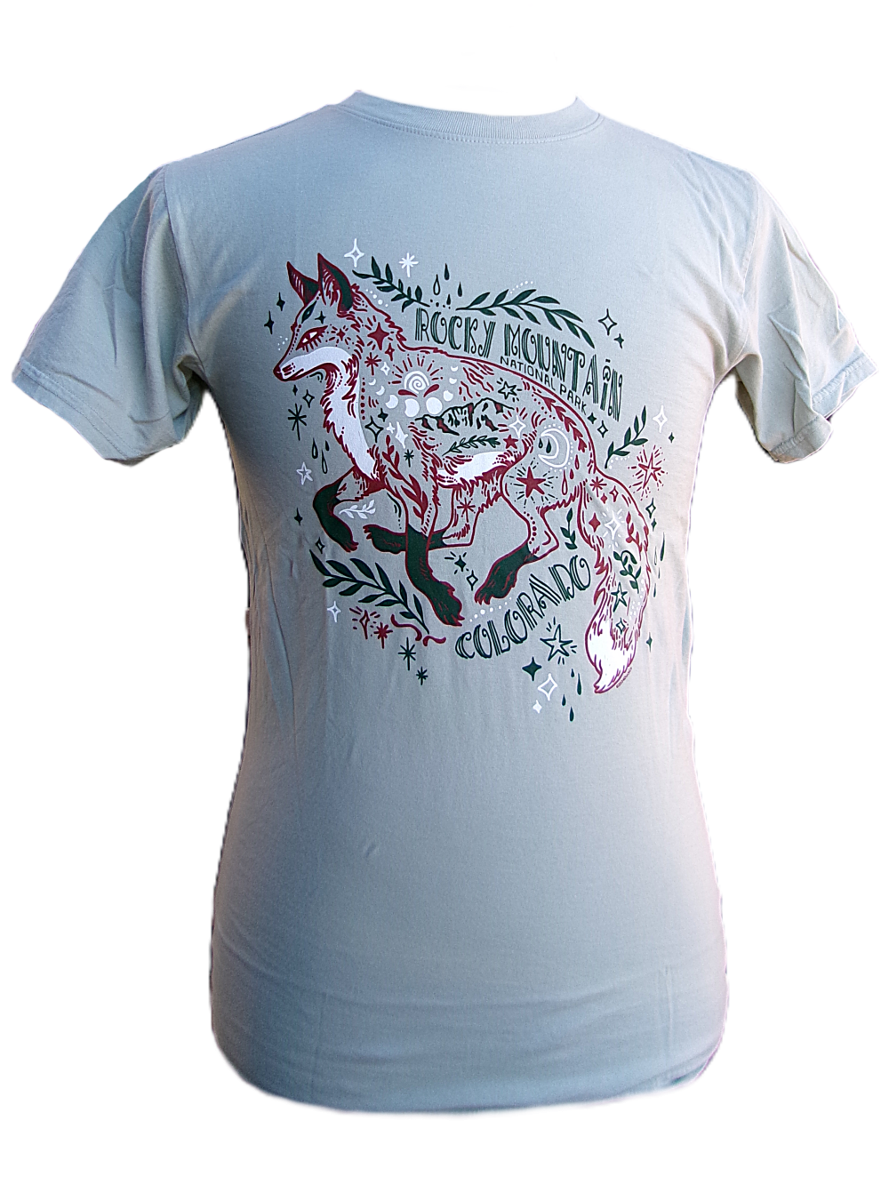 Sage "T-Shirt - RMNP Whimsy Fox" featuring an illustrated fox with plants and stars, plus "Rocky Mountain Colorado" text on the back.