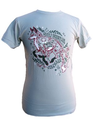 Sage "T-Shirt - RMNP Whimsy Fox" featuring an illustrated fox with plants and stars, plus "Rocky Mountain Colorado" text on the back.