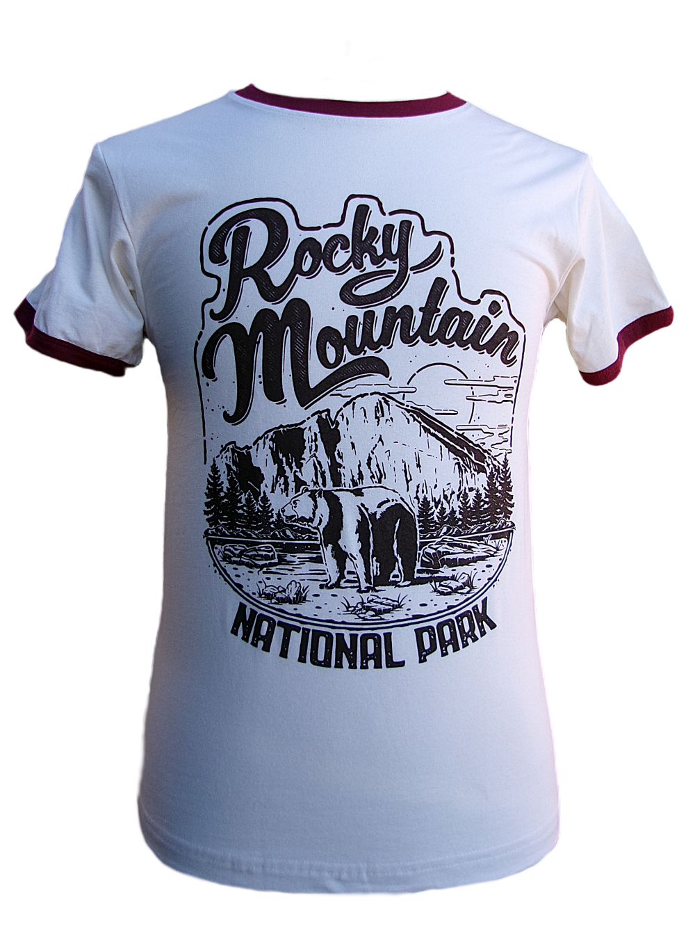 The T-Shirt - RMNP Inker is a white tee with burgundy trim, featuring a bear, mountains, trees graphic, and bold "Rocky Mountain National Park" text.