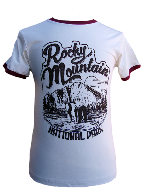 The T-Shirt - RMNP Inker is a white tee with burgundy trim, featuring a bear, mountains, trees graphic, and bold "Rocky Mountain National Park" text.