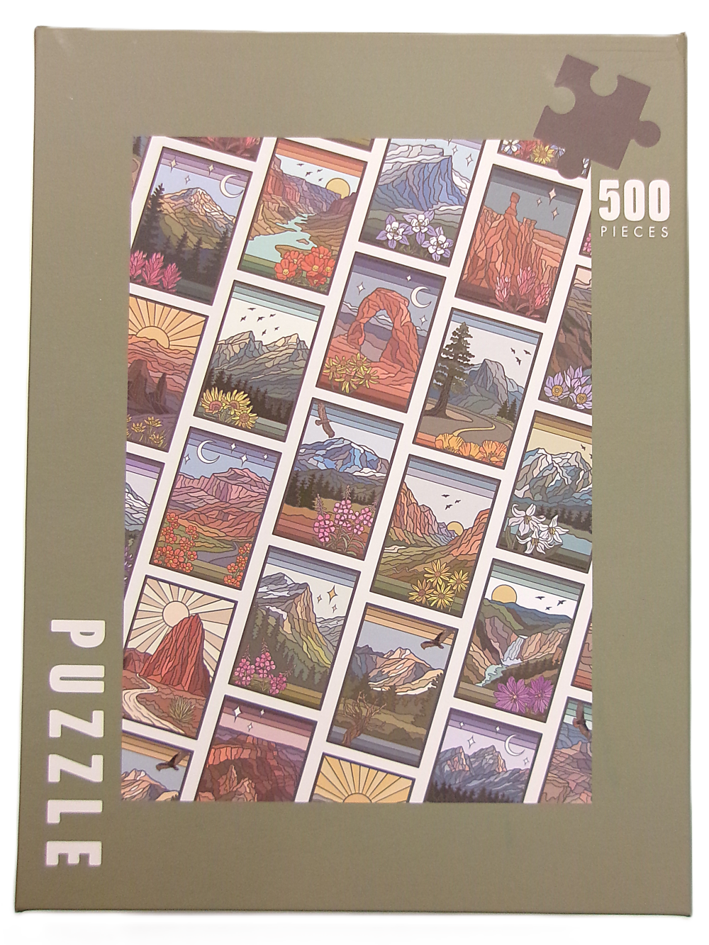 rheart front The "Puzzle - Images of the National Parks" is a 500-piece box featuring colorful illustrations of different natural landscapes arranged in a grid pattern on the front.