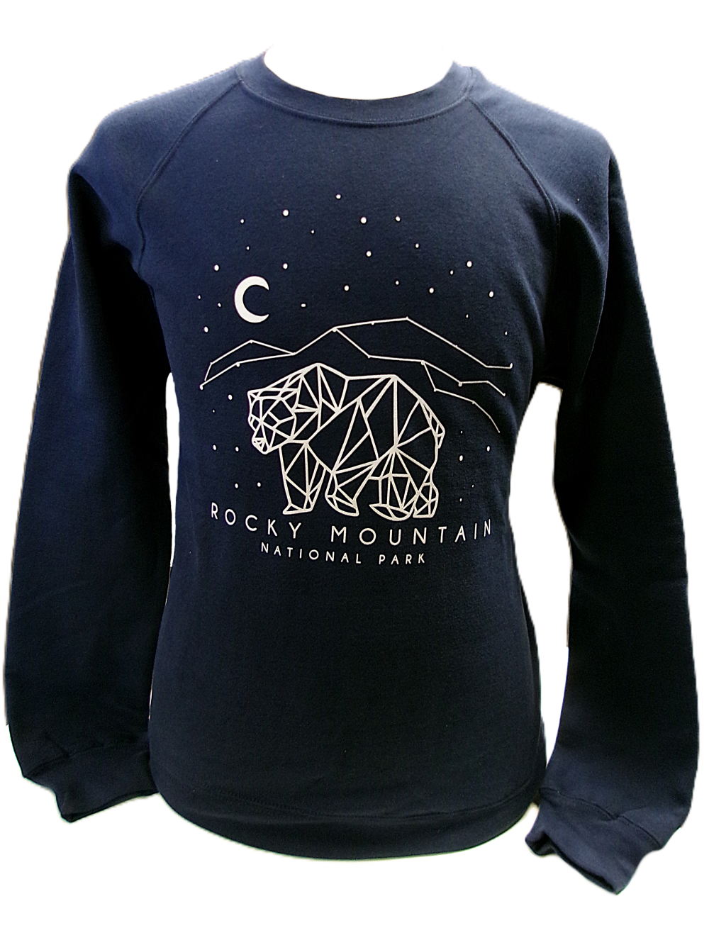 sky bear The Sweatshirt - RMNP Night Sky Bear is a navy blue sweatshirt with a geometric bear, mountains, crescent moon, and "Rocky Mountain National Park" text on the front.