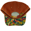 bear floral The Hat is an orange baseball cap shown from underneath, featuring a vibrant abstract patterned brim with various shapes and designs.