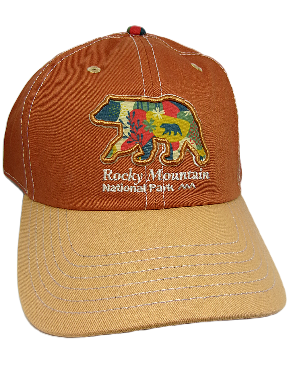 bear floral hat A two tone orange baseball cap featuring a bear patch and "Rocky Mountain National Park" text on the front.