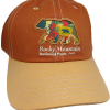 bear floral hat A two tone orange baseball cap featuring a bear patch and "Rocky Mountain National Park" text on the front.