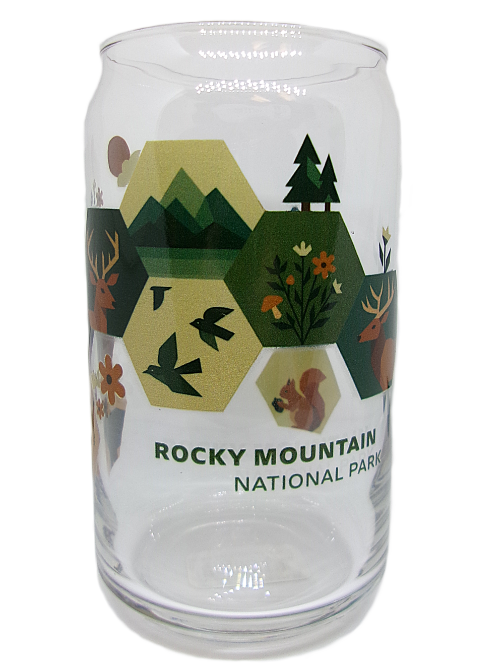 The Glass - RMNP Animal Hexagons features hexagonal designs of mountains, trees, animals, and flowers on clear glass with "Rocky Mountain National Park" printed on the front.