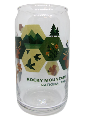 The Glass - RMNP Animal Hexagons features hexagonal designs of mountains, trees, animals, and flowers on clear glass with "Rocky Mountain National Park" printed on the front.