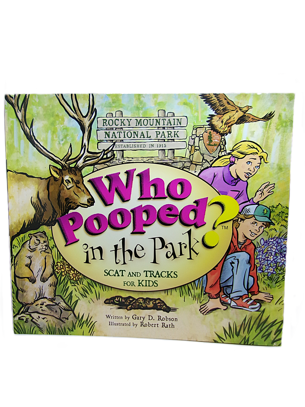 pooped Children’s book “Who Pooped in the Park? 2nd ed.” features a cover with animal illustrations, a park sign, and two children.
