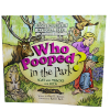 pooped Children’s book “Who Pooped in the Park? 2nd ed.” features a cover with animal illustrations, a park sign, and two children.