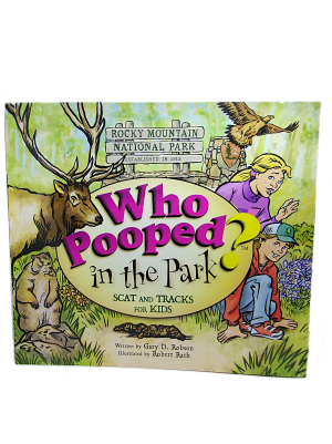 Children’s book “Who Pooped in the Park? 2nd ed.” features a cover with animal illustrations, a park sign, and two children.