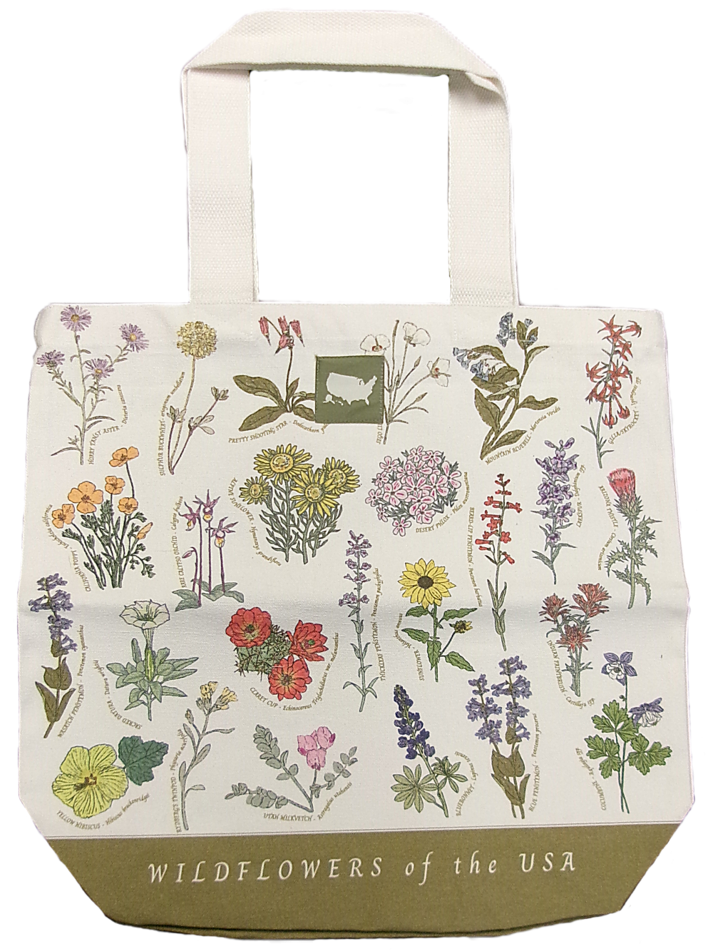 wildflowers usa front The Tote Bag - Wildflowers of the USA features illustrated wildflowers and plants, with "WILDFLOWERS of the USA" printed at the bottom.