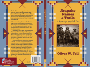 Front and back cover of the book "Arapaho Names & Trails: A Report of a 1914 Pack Trip" by Oliver W. Toll, featuring a sepia photo of four people and decorative patterns.