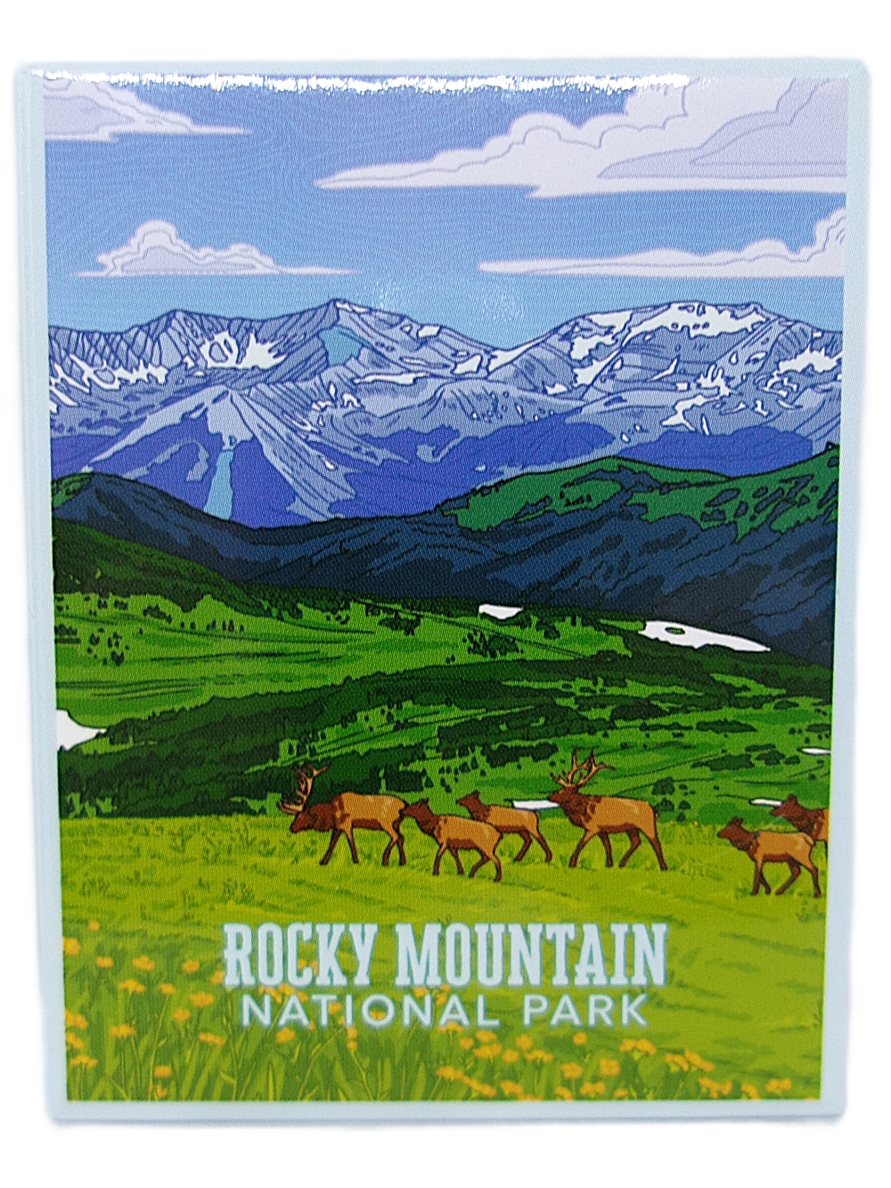 Magnet - RMNP Alpine Elk Scene features an illustrated elk grazing in a green meadow, snowy mountains behind, with "Rocky Mountain National Park" written at the bottom.