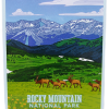 Magnet - RMNP Alpine Elk Scene features an illustrated elk grazing in a green meadow, snowy mountains behind, with "Rocky Mountain National Park" written at the bottom.