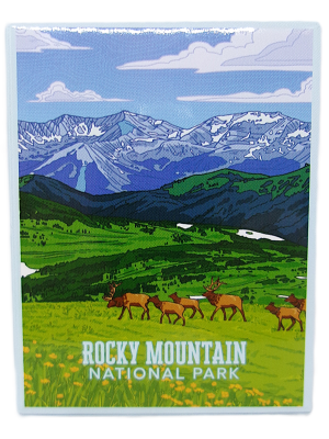 Magnet - RMNP Alpine Elk Scene features an illustrated elk grazing in a green meadow, snowy mountains behind, with "Rocky Mountain National Park" written at the bottom.