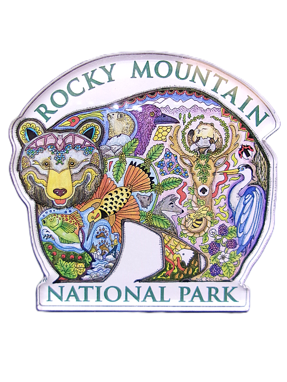 Magnet shaped like a bear, featuring a colorful collage of animals, plants, and scenery with the text "Rocky Mountain National Park.