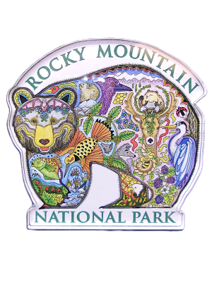 Magnet shaped like a bear, featuring a colorful collage of animals, plants, and scenery with the text "Rocky Mountain National Park.
