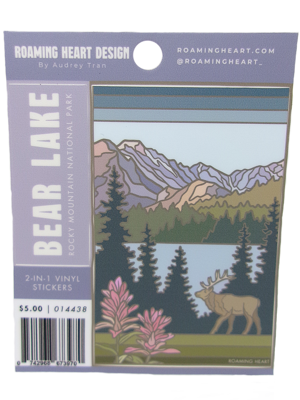 bear lake sticker 2 pack Sticker - Bear Lake 2-in-1: illustrated sticker pack of Bear Lake in Rocky Mountain National Park, featuring mountains, a lake, trees, wildflowers, and an elk. Product label and price shown.