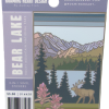bear lake sticker 2 pack Sticker - Bear Lake 2-in-1: illustrated sticker pack of Bear Lake in Rocky Mountain National Park, featuring mountains, a lake, trees, wildflowers, and an elk. Product label and price shown.