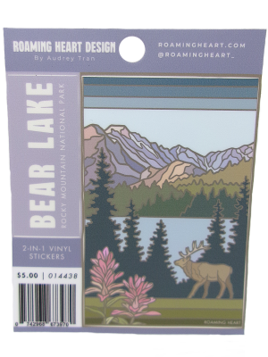 Sticker - Bear Lake 2-in-1: illustrated sticker pack of Bear Lake in Rocky Mountain National Park, featuring mountains, a lake, trees, wildflowers, and an elk. Product label and price shown.