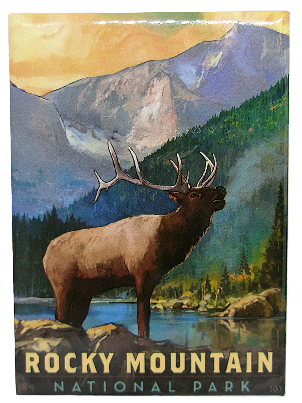 bull elk pump magnet A colorful magnet features a bull elk by a lake with pine trees and mountains, inspired by Rocky Mountain National Park. Text reads, "Rocky Mountain National Park.