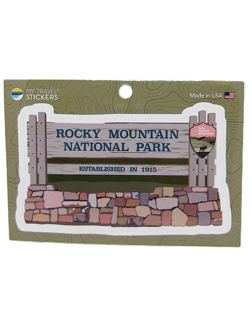 Sticker - RMNP Entrance Sign: A sticker featuring the wooden entrance sign for Rocky Mountain National Park with "Established in 1915," displayed on a green "My Travel Stickers" card.