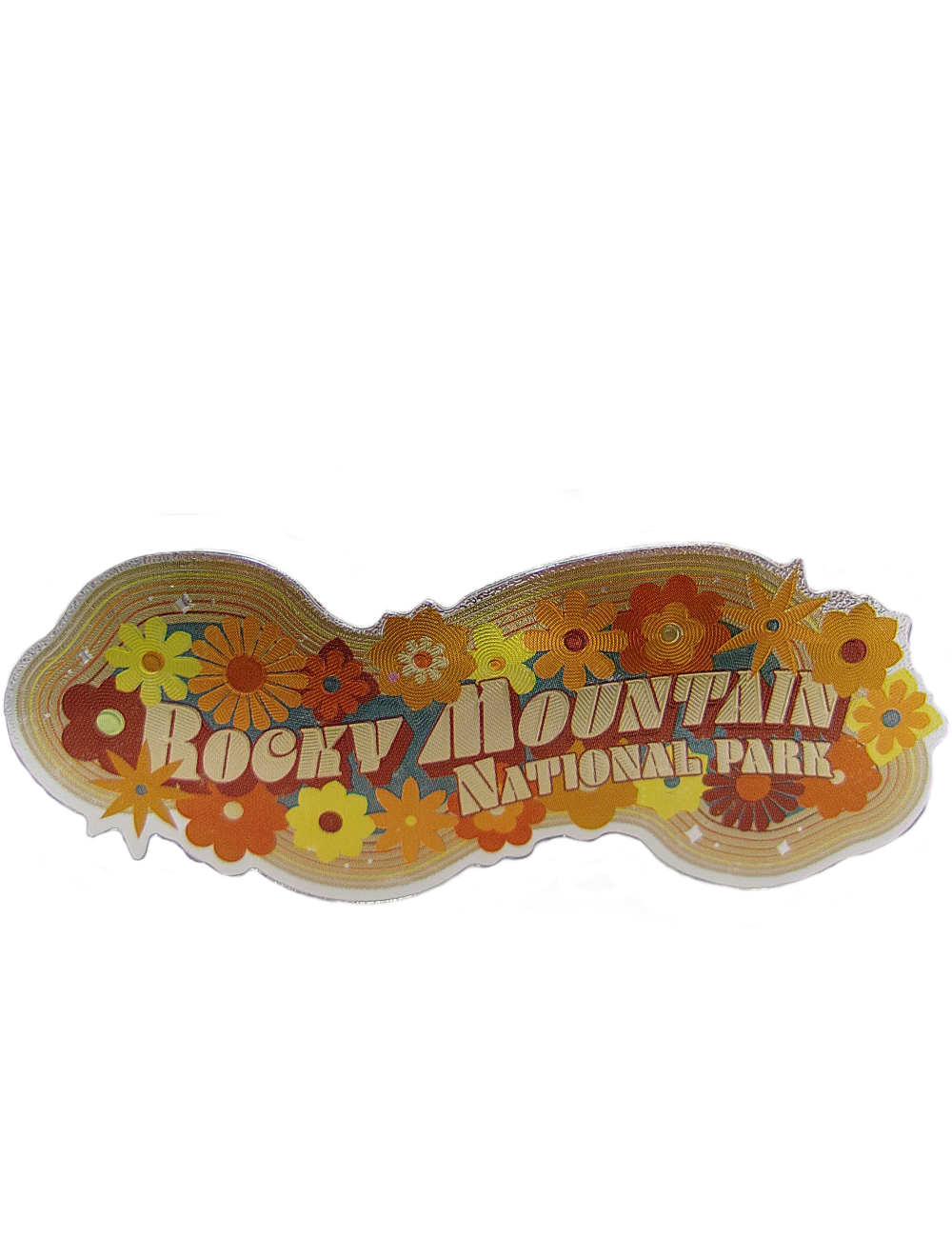 Foil Retro Flower sticker featuring "Rocky Mountain National Park" in bold letters, accented with orange, yellow, and brown flowers on a white background.