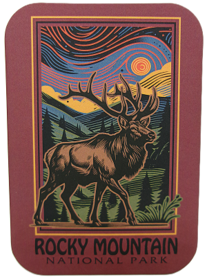 The Magnet - RMNP Majestic Elk features an illustrated elk before pine trees and mountains beneath a stylized sky, with "Rocky Mountain National Park" displayed at the bottom.