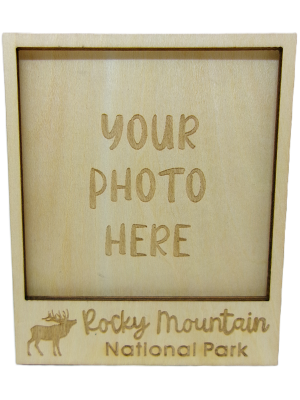 Wooden magnet picture frame with "YOUR PHOTO HERE" engraved in the center and "Rocky Mountain National Park" with an elk at the bottom. Product name: Magnet - RMNP Wooden Picture Frame with Elk.