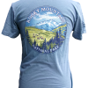 meadow elk back Person wearing a blue "T-Shirt - RMNP Meadow Elk" featuring a circular Rocky Mountain National Park graphic with mountains, trees, and wildlife on the back.