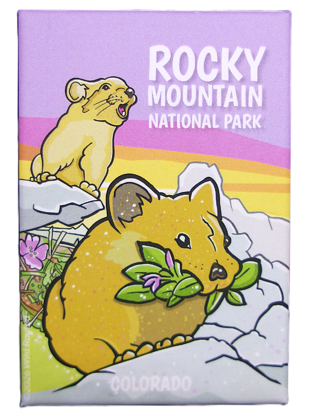 Magnet - RMNP Alpine Pikas features two yellow pikas among rocks and flowers beneath a sunset sky, with "Rocky Mountain National Park Colorado" displayed at the top.