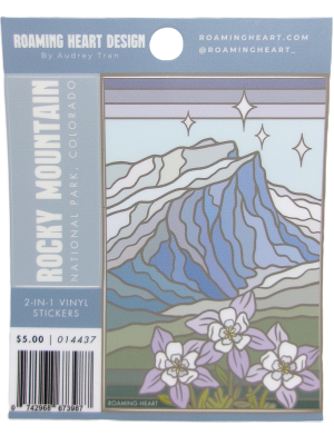 The "Sticker - Mountain Majesty 2-in-1" pack features a vinyl sticker with an illustrated Rocky Mountain National Park landscape—mountains, wildflowers, and stars. The label lists product details and pricing.