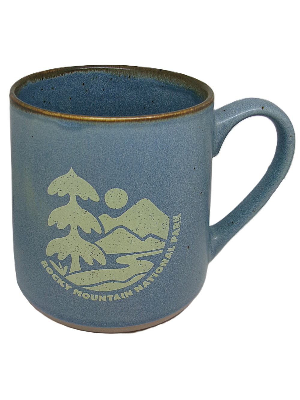 sand 1 The Mug - RMNP Speckled Wild River is a blue ceramic mug with a handle, decorated with trees, mountains, a sun graphic, and the text "Rocky Mountain National Park.
