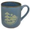 sand 1 The Mug - RMNP Speckled Wild River is a blue ceramic mug with a handle, decorated with trees, mountains, a sun graphic, and the text "Rocky Mountain National Park.