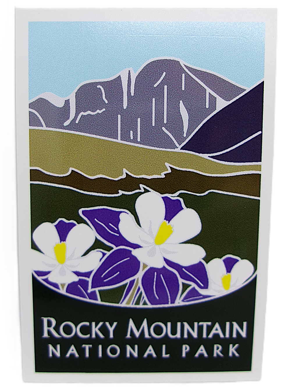 Sticker-RMNP Longs Peak Columbines features an illustrated Rocky Mountain National Park sign with purple and white columbine flowers in the foreground and stylized Longs Peak mountains in the background.