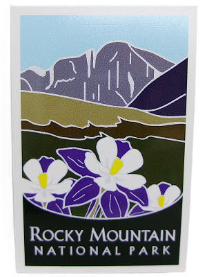 Sticker-RMNP Longs Peak Columbines features an illustrated Rocky Mountain National Park sign with purple and white columbine flowers in the foreground and stylized Longs Peak mountains in the background.