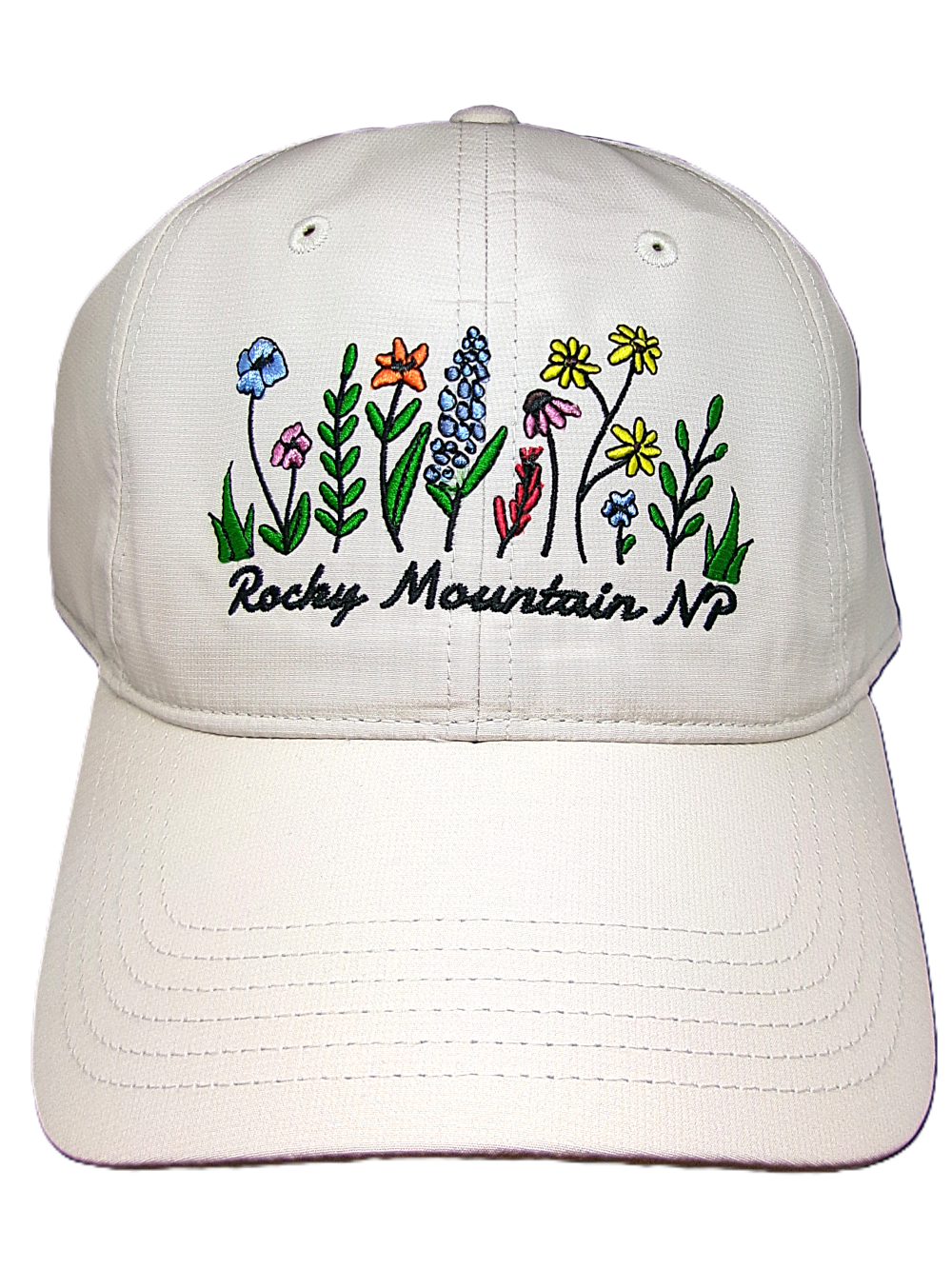 wildflower color The Hat - RMNP Embroidered Wildflowers is an off-white baseball cap with colorful embroidered wildflowers and "Rocky Mountain NP" text on the front.