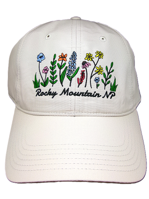 The Hat - RMNP Embroidered Wildflowers is an off-white baseball cap with colorful embroidered wildflowers and "Rocky Mountain NP" text on the front.