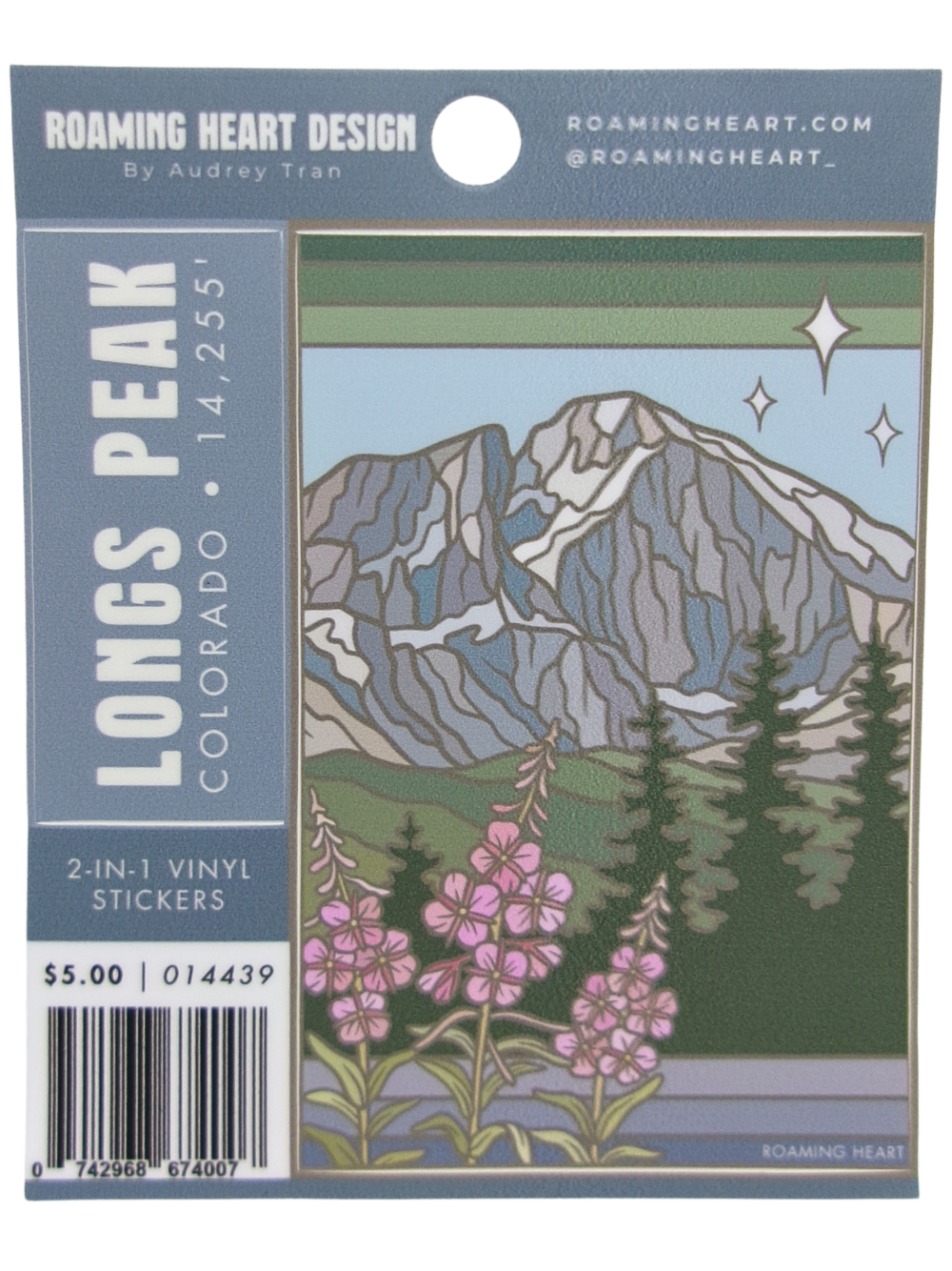 longs peak 2 n 1 sticker The Sticker - Longs Peak 2-in-1 pack showcases an illustrated view of Longs Peak, Colorado, with pine trees and pink wildflowers in the foreground.