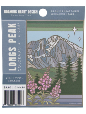 The Sticker - Longs Peak 2-in-1 pack showcases an illustrated view of Longs Peak, Colorado, with pine trees and pink wildflowers in the foreground.