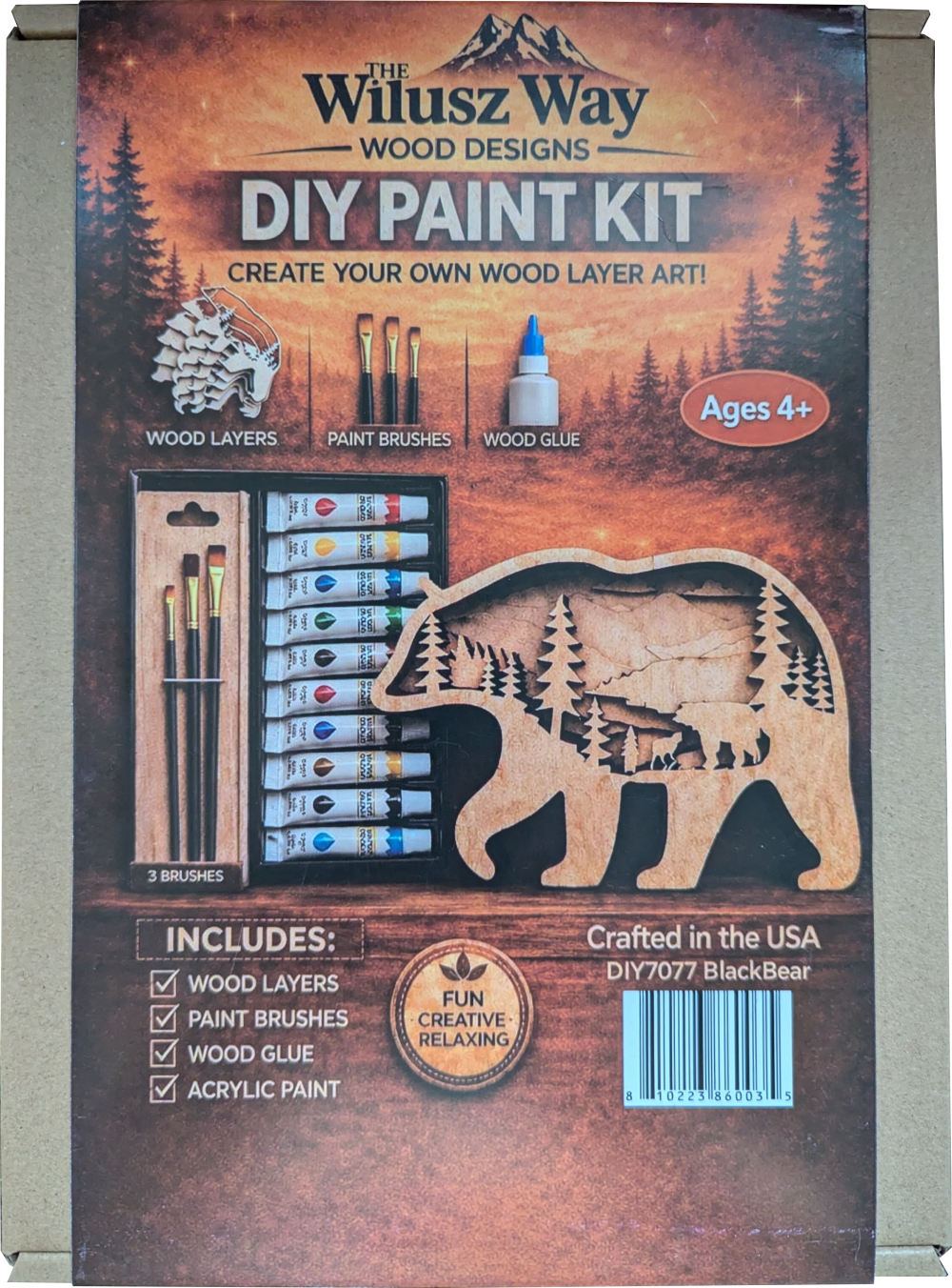bear wiluz diy paint DIY Bear Paint Kit box displays a wooden bear cutout, paint tubes, brushes, and glue. Text highlights included contents, suitable for ages 4+, and fun crafting features.