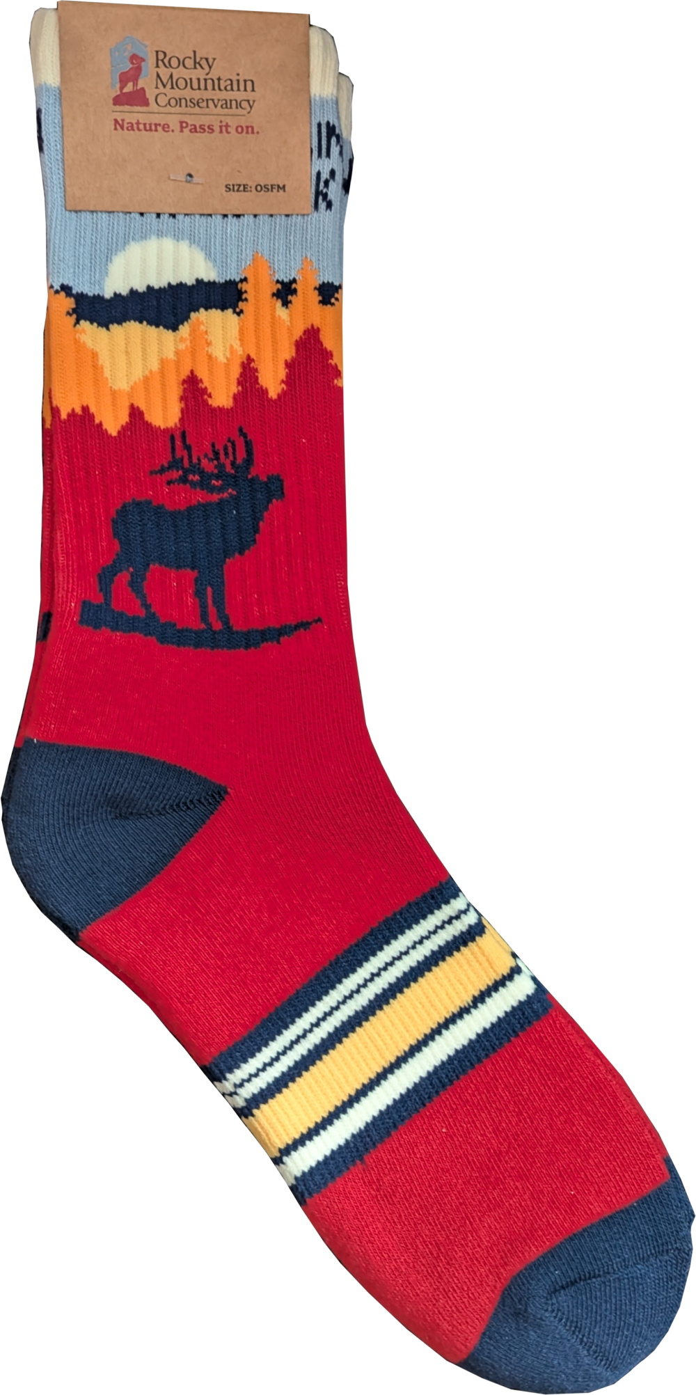 A single “Socks - RMNP Fall Elk” in red, featuring a Rocky Mountain Conservancy tag and a graphic of a bull elk, a forest, and a setting sun.