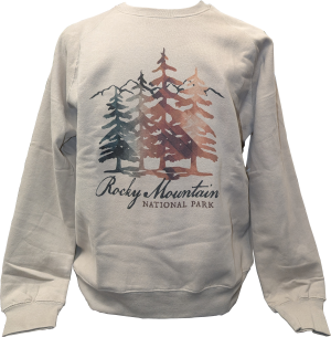 Light-colored crewneck sweatshirt featuring a graphic of four autumn trees, mountains, and the text “Rocky Mountain National Park” on the front.